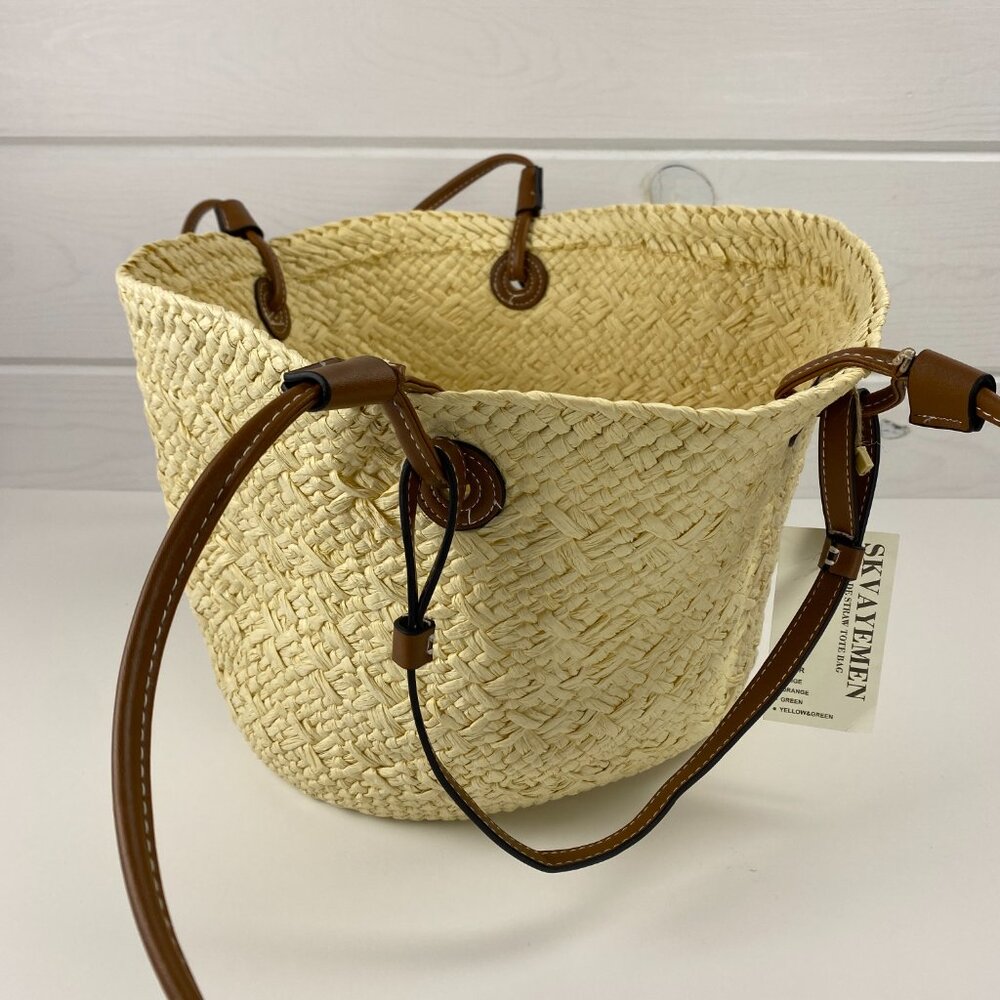 Saks Fifth Avenue Natural Straw Tote with Brown Leather Straps - Picture 10 of 11
